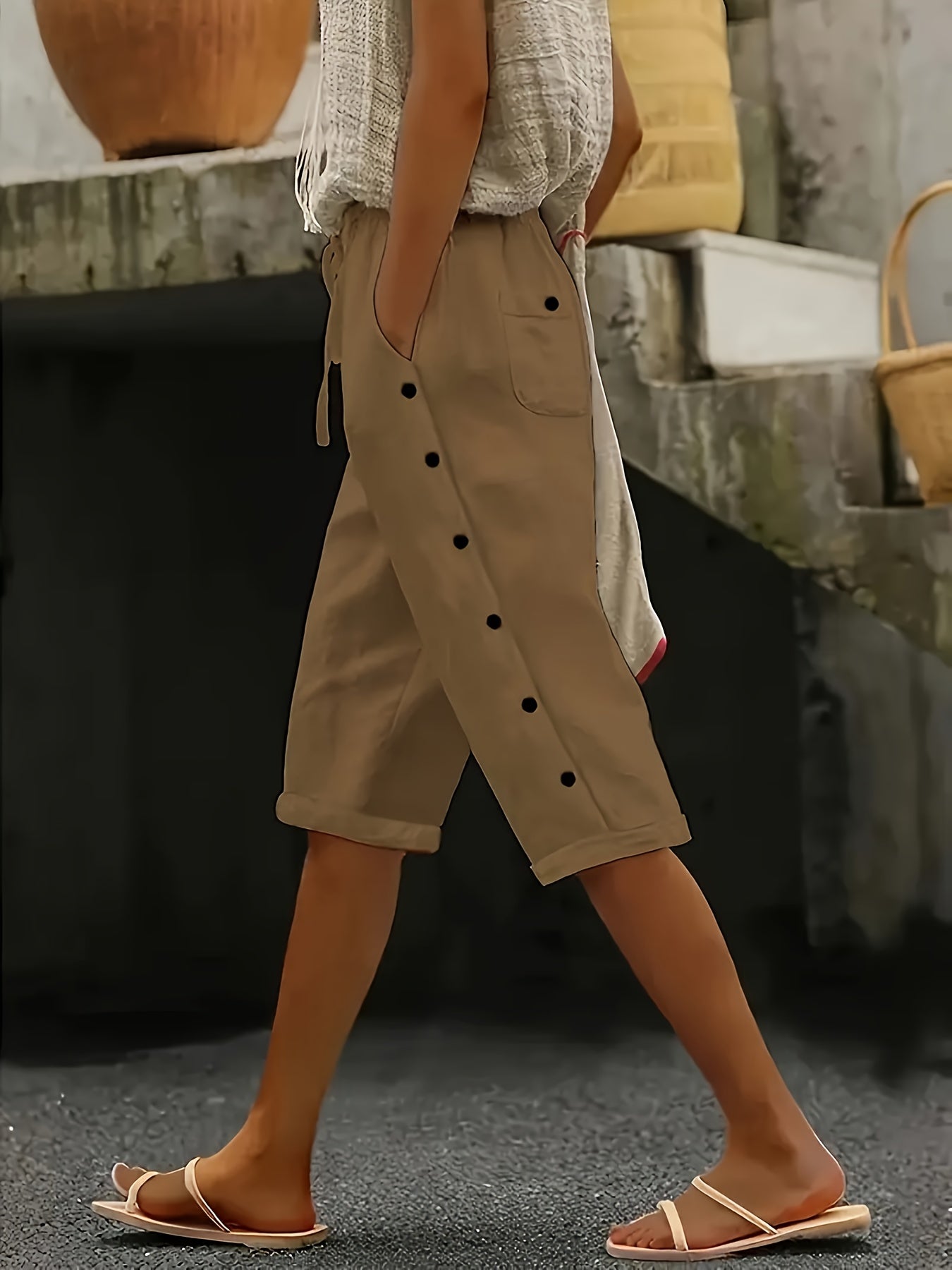 Plus Size Women's Casual Button Pants with Pockets