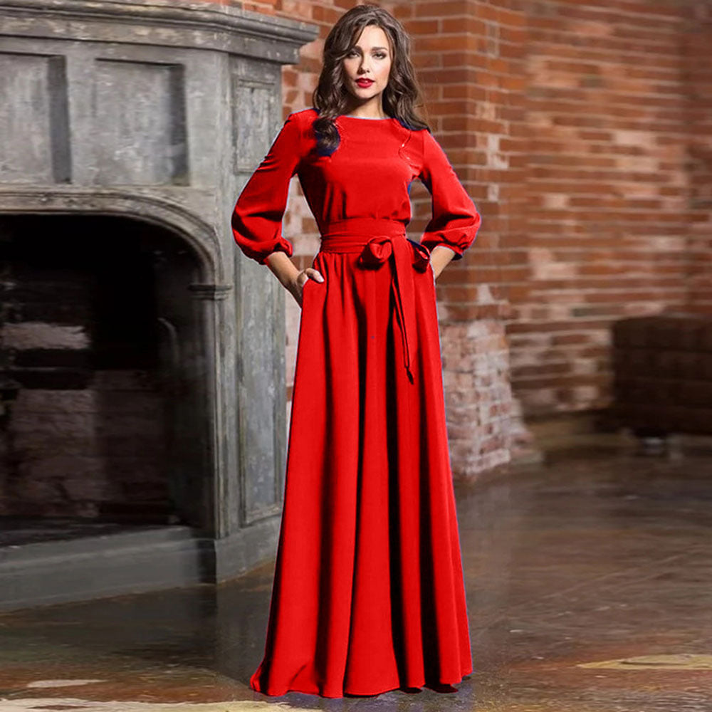 Plus Size Long Sleeve Evening Dress with Bow Tie