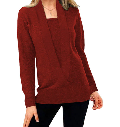 Knitted Solid Color Deep V-Neck Long Sleeve Sweater