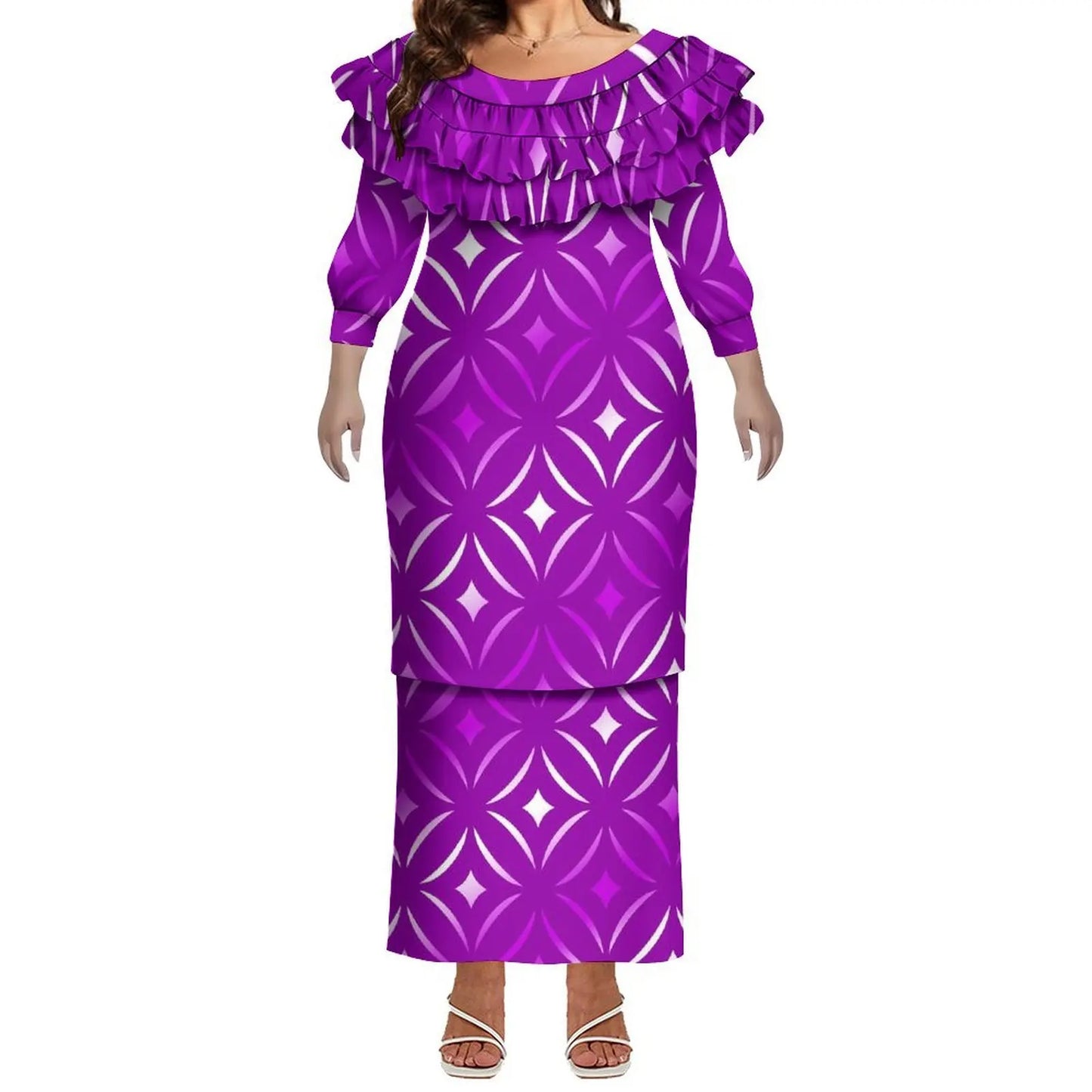 Plus Size Women Hawaiian Print Full Sleeve Long Dress
