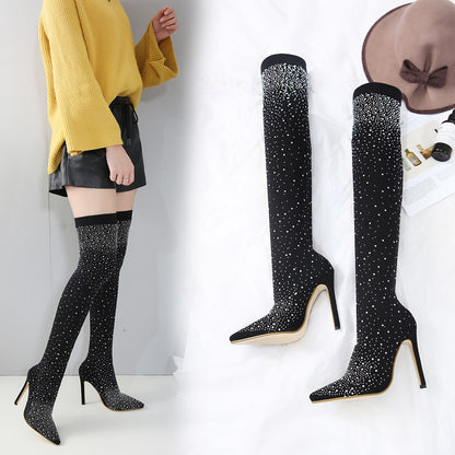 Rhinestone Knee-High Boots with Stiletto Heels