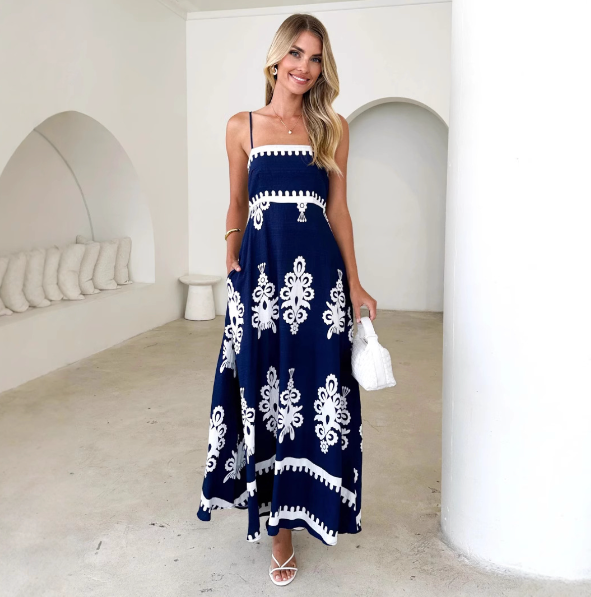 Geometric Print Sling Dress Women