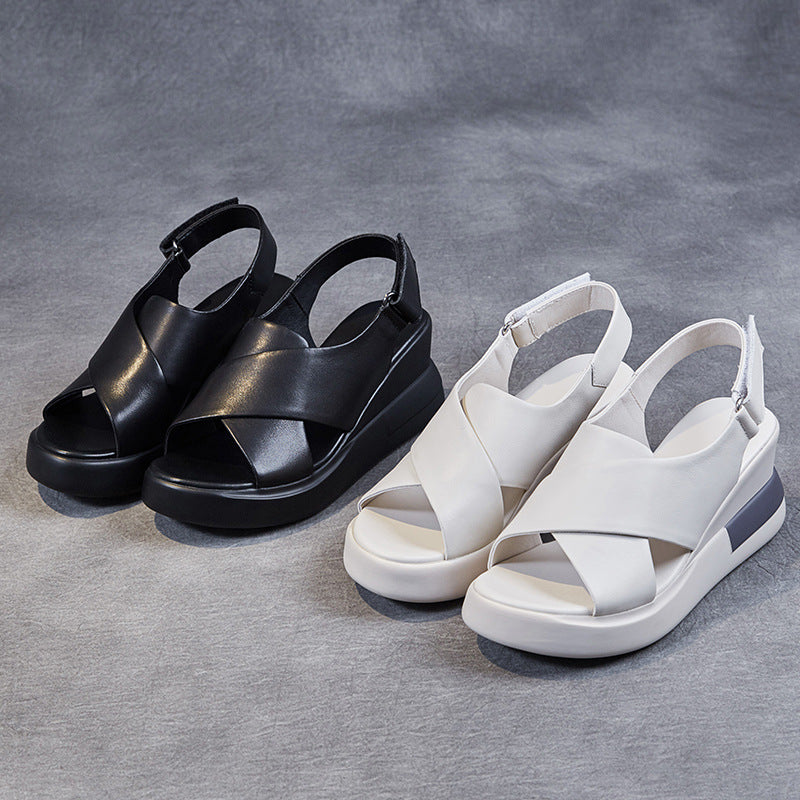 Women's Leather Wedge Sandals - Comfortable Platform Shoes