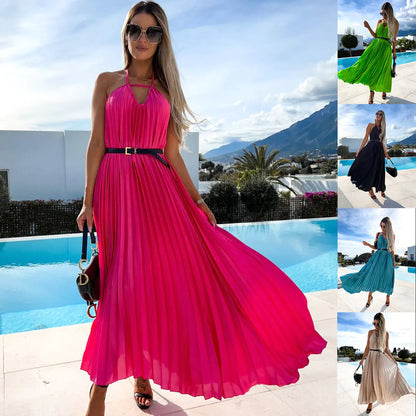 Bohemian Pleated Maxi Dress with Belt