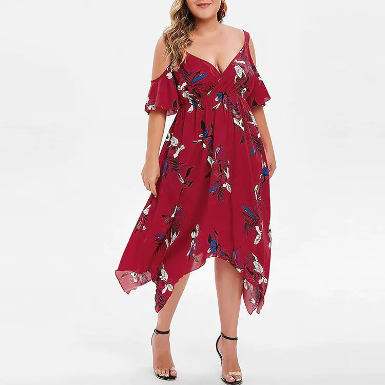 Women's Floral Print Open Shoulder Midi Dress Plus Size