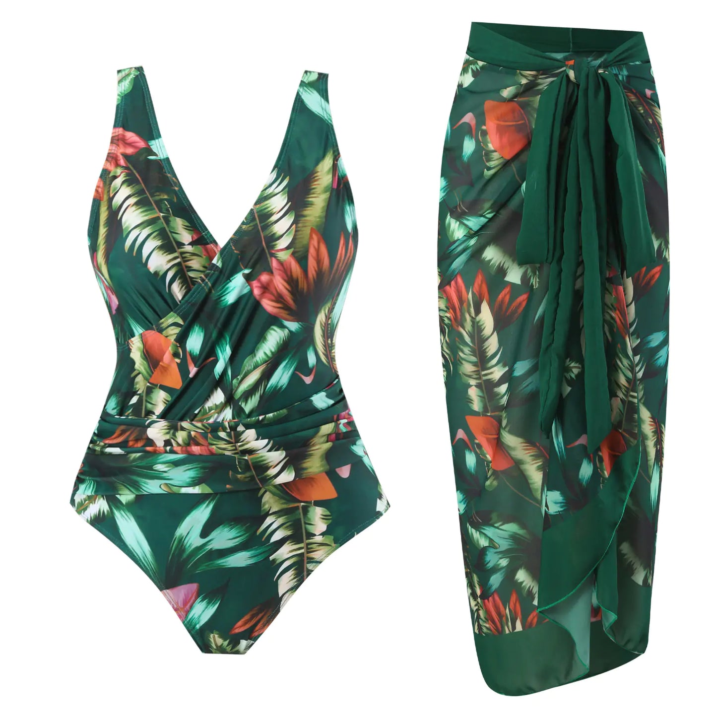 Plus Size Backless Swimsuit with Chiffon Beach Skirt