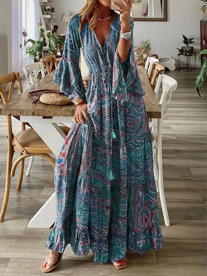 Bohemian Floral Print Maxi Dress with V-Neck