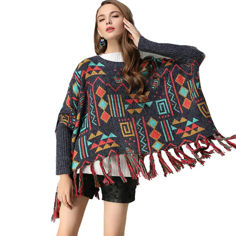 Plus Size Women's Batwing Sweater with Fringe Knit