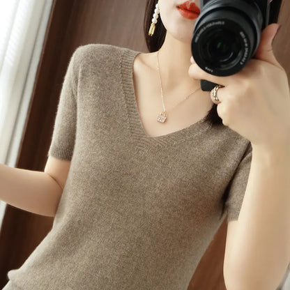 Women's V-Neck Short Sleeve Knit Sweater