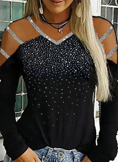 Multicolor Women's Long Sleeve V-Neck Rhinestone Top