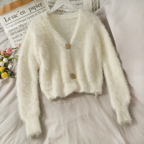 Korean Plush V-Neck Short Cardigan Sweater for Women