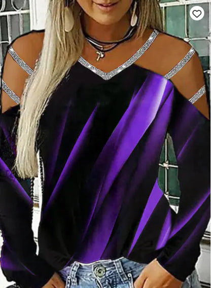 V-Neck Printed Long Sleeve Casual Top for Women