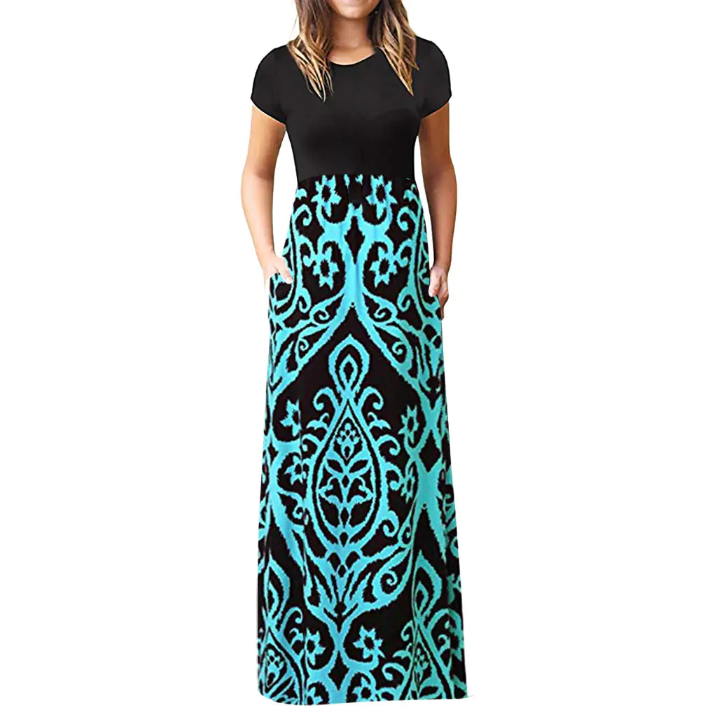 Short Sleeve Printed Long Skirt Dress