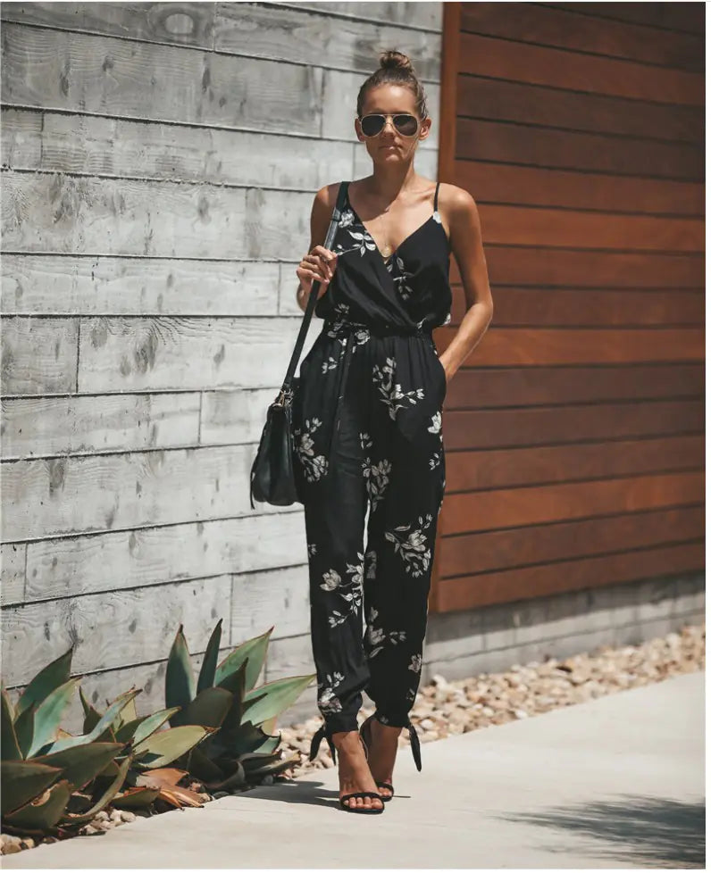 Backless Floral Print Jumpsuit with Slit Design