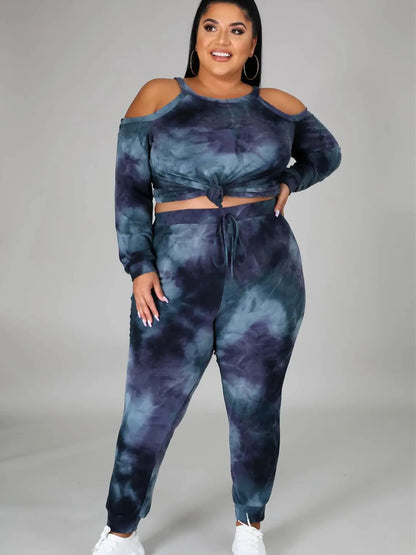 Plus Size Women's Off Shoulder Tie Dye Casual Suit