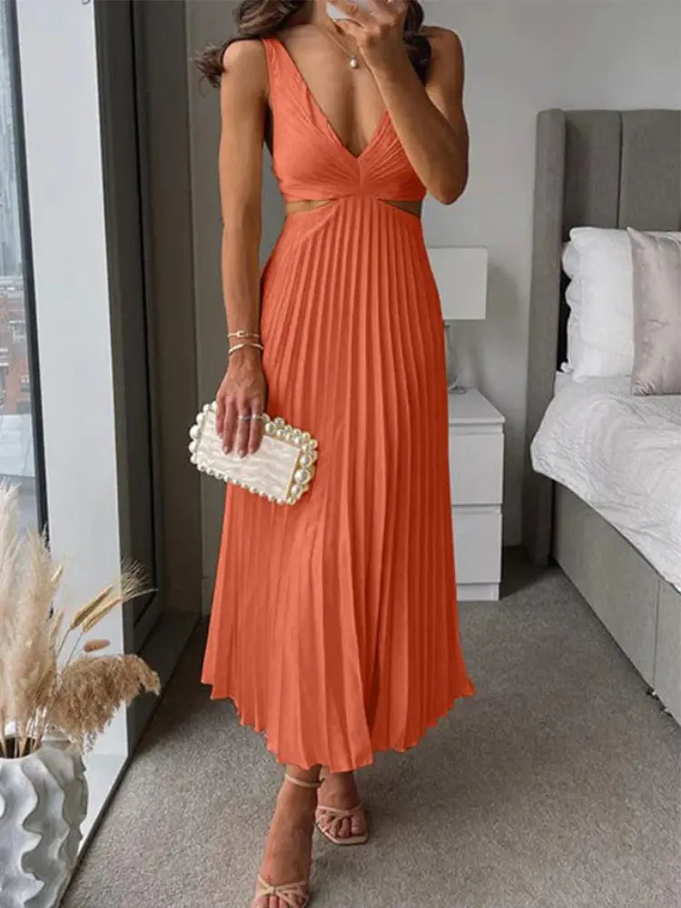 Pleated V-Neck Hollow Waist Long Dress