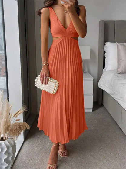 Pleated V-Neck Hollow Waist Long Dress