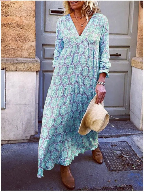 Long Sleeve V-Neck Printed Maxi Dress (One Piece)