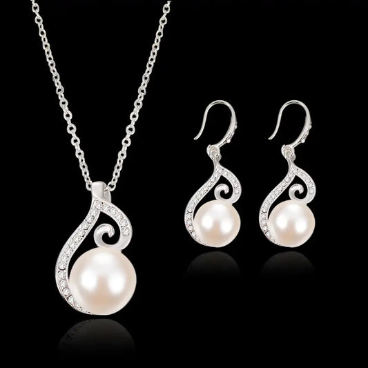 Bridal Pearl and Rhinestone Jewelry Set with Earrings