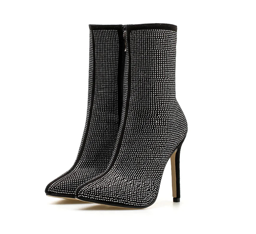 Rhinestone High Heel Boots with Pointed Toe - Trendy Attic Store01