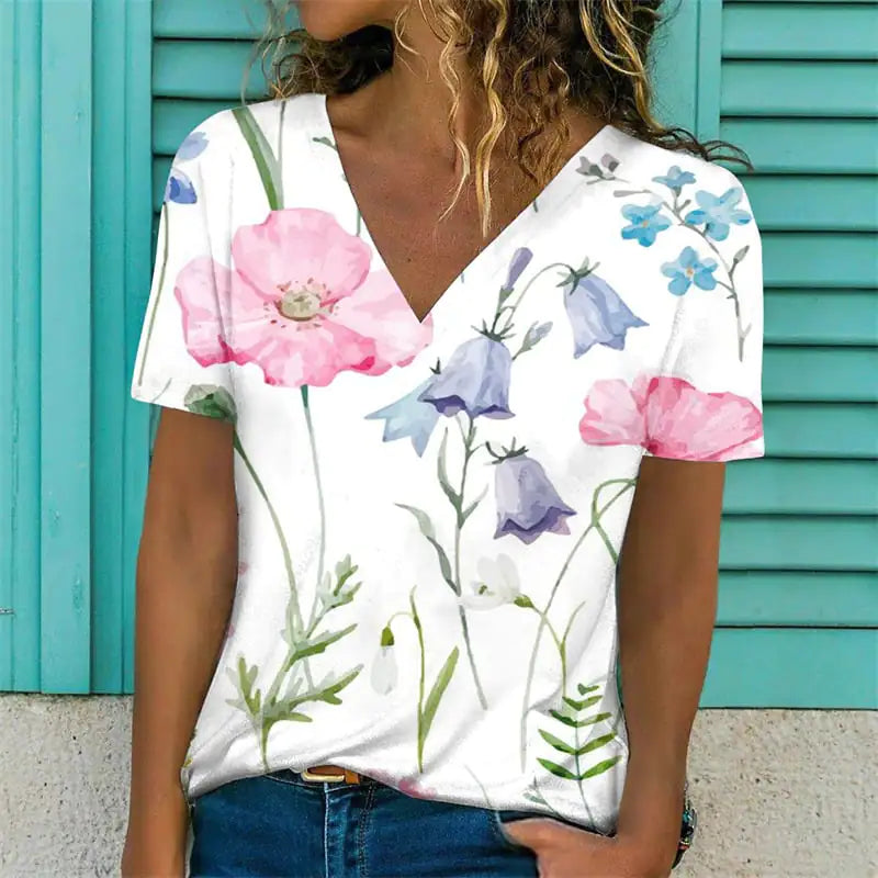 Women's V-Neck Short Sleeve Flower Print T-Shirt