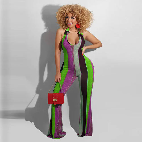 Striped Halter Jumpsuit with Horns for a Bold Look