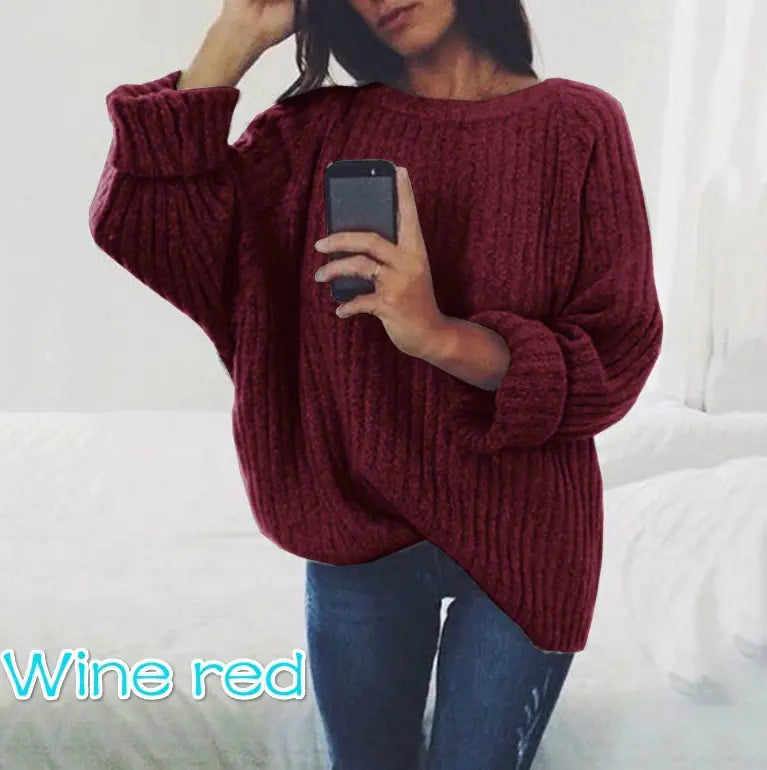 Women's Solid Color Round Neck Sweater Top - Trendy Attic Store01