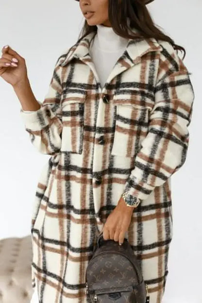 Women's Long Sleeve Wool Plaid Trench Coat for Fall