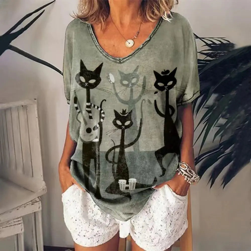 Sommerliches Damen-V-Ausschnitt-T-Shirt mit 3D-Druck