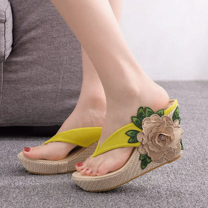 Embroidered Floral Platform Roman Wedge Sandals