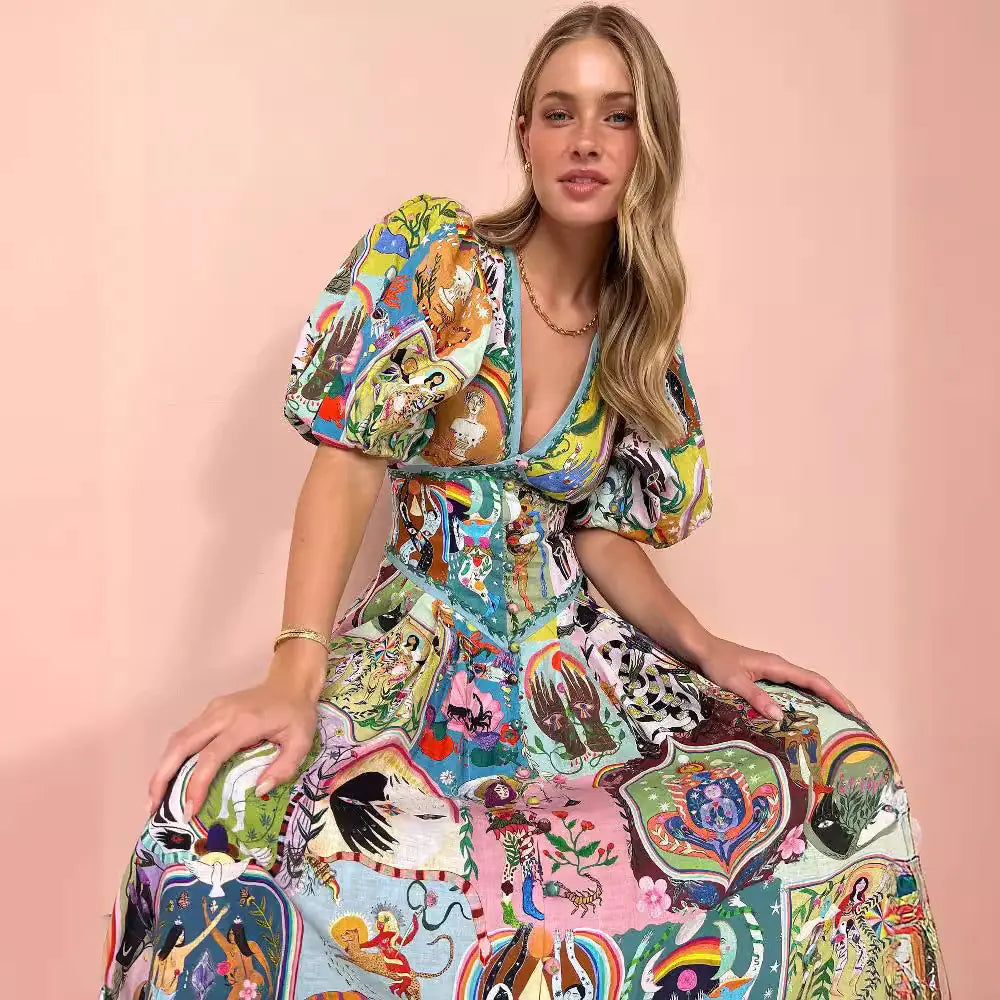 Vestido de lino y algodón estampado con cuello en V
