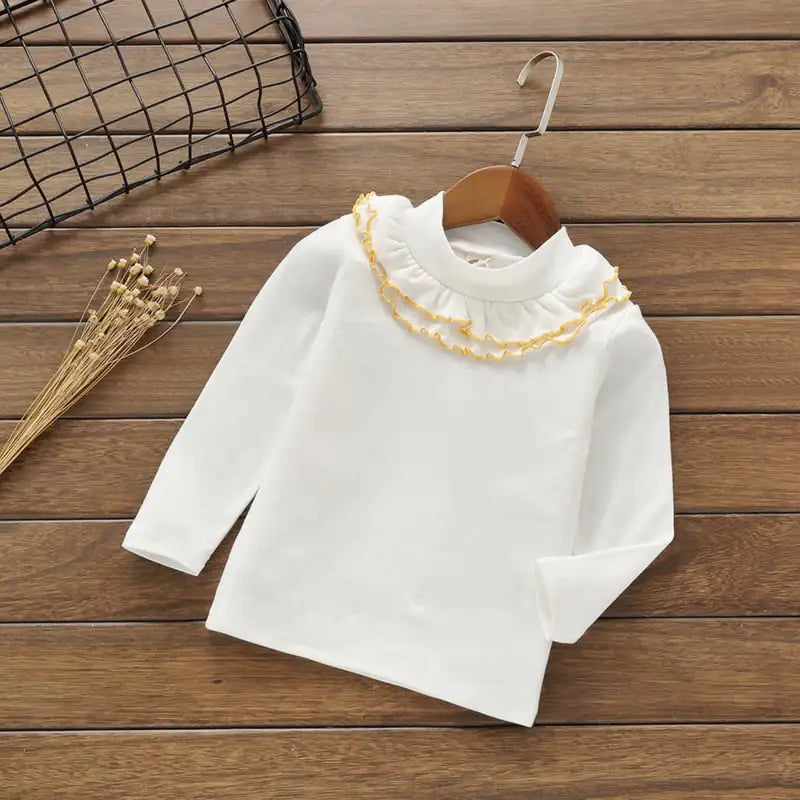 Girls' Solid Color Lace Round Neck T-shirt