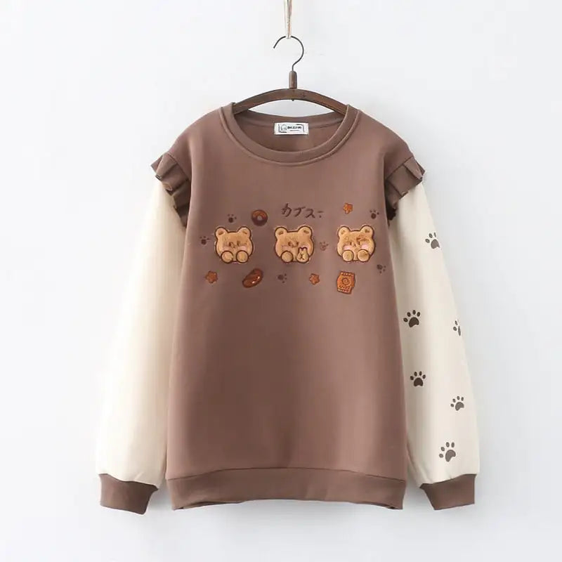 Cartoon Three Bears Fleece-lined Pullover Sweater