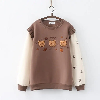 Cartoon Three Bears Fleece-lined Pullover Sweater
