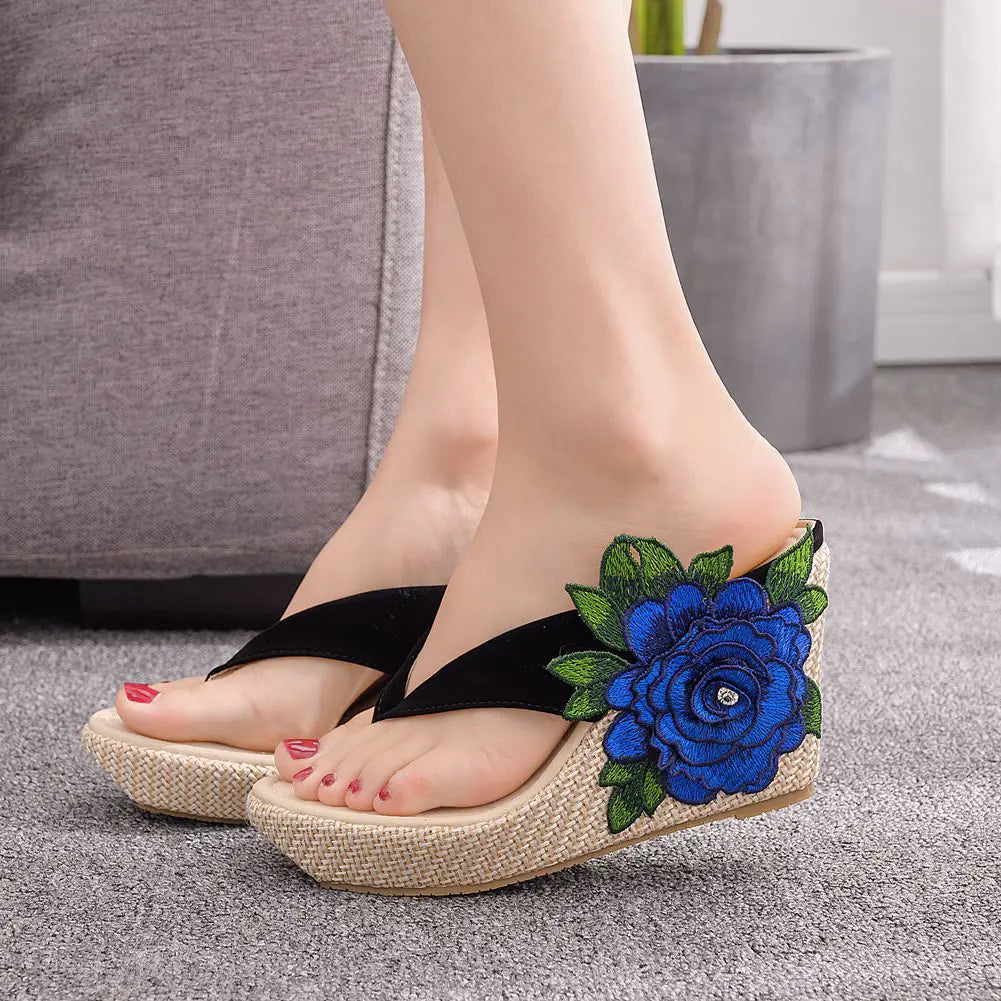 Embroidered Floral Platform Roman Wedge Sandals