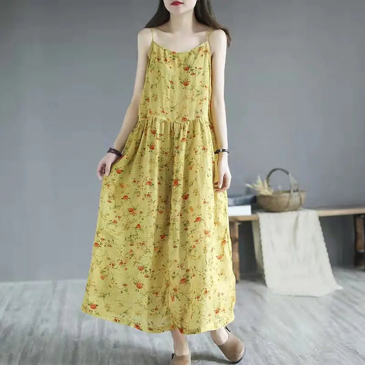 Artistic Floral Sleeveless Sling Dress for Women