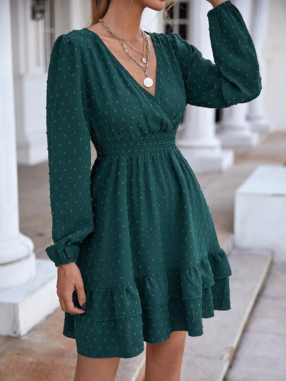 V-Neck Long Sleeve Ruffle Fitted A-Line Dress