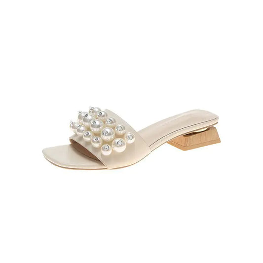 Beaded Rhinestone Women's Sandals with Thick Heel