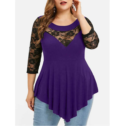 Spring Plus Size Floral Lace Top with Sheer Hem