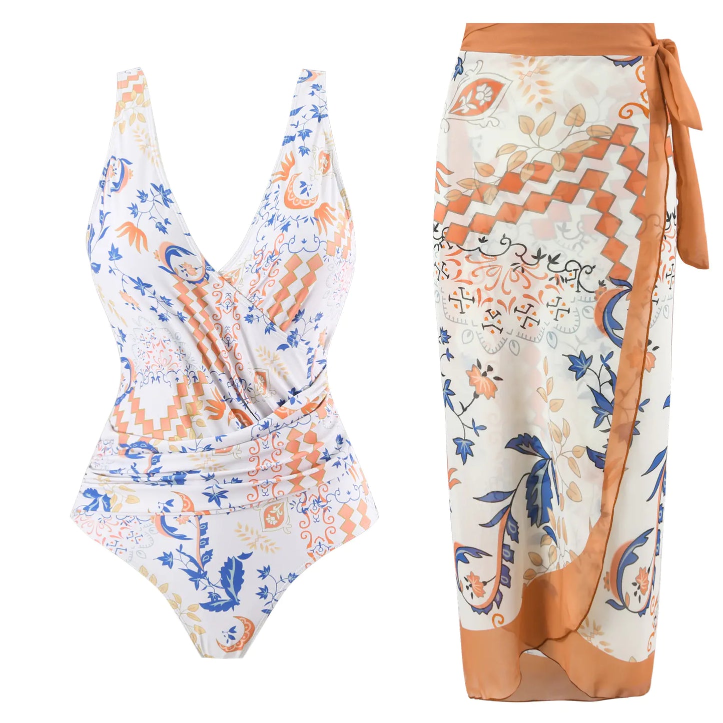 Plus Size Backless Swimsuit with Chiffon Beach Skirt