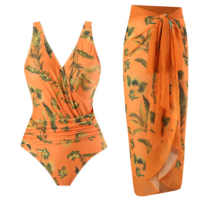 Plus Size Backless Swimsuit with Chiffon Beach Skirt