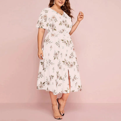 Plus Size Floral Print V-Neck Short Sleeve Dress