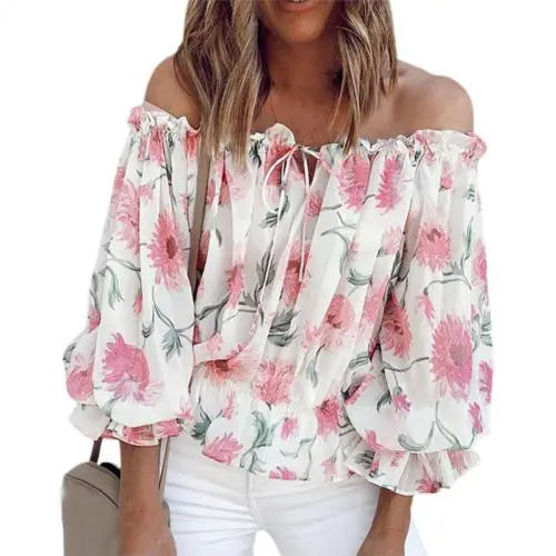 Women's Off-Shoulder Chiffon Print Long Sleeve Top