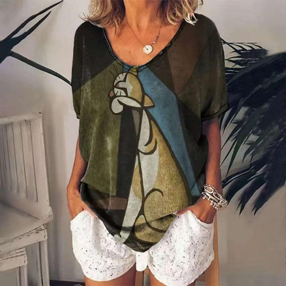 Sommerliches Damen-V-Ausschnitt-T-Shirt mit 3D-Druck