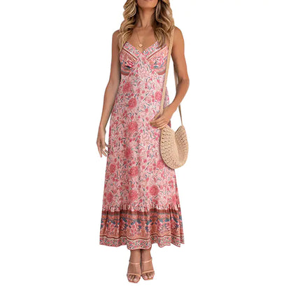 Damen lässiges Boho Blumen V-Ausschnitt Sommerkleid
