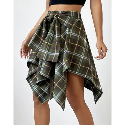 High Waist Irregular Plaid Skirt for Women