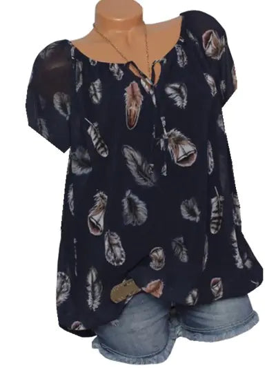 Loose Fit V-Neck Short Sleeve Feather Print Shirt
