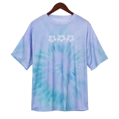 Blaues T-Shirt mit Blumenmuster für Damen – Lässige kurze Ärmel