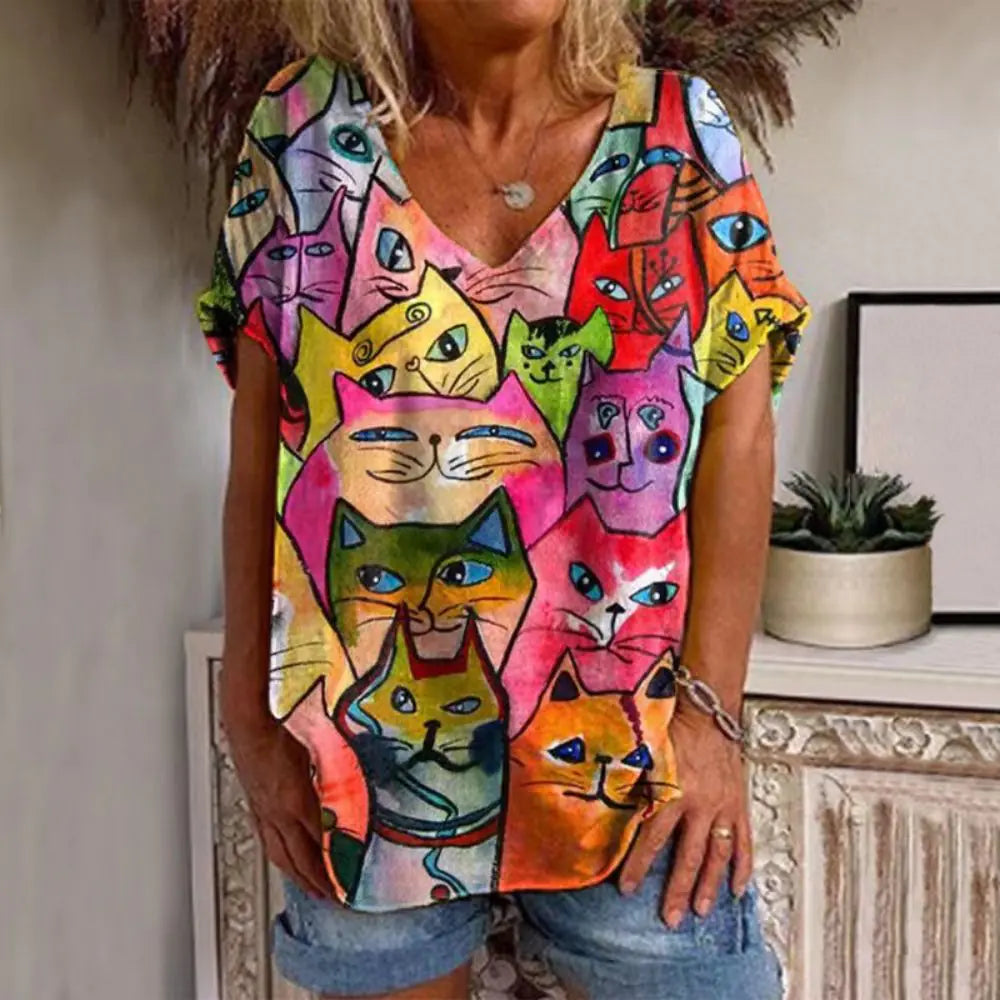 Sommerliches Damen-V-Ausschnitt-T-Shirt mit 3D-Druck