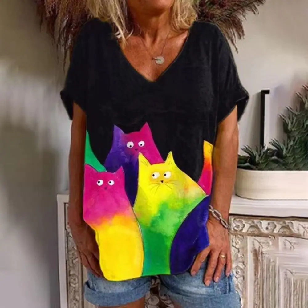 Sommerliches Damen-V-Ausschnitt-T-Shirt mit 3D-Druck